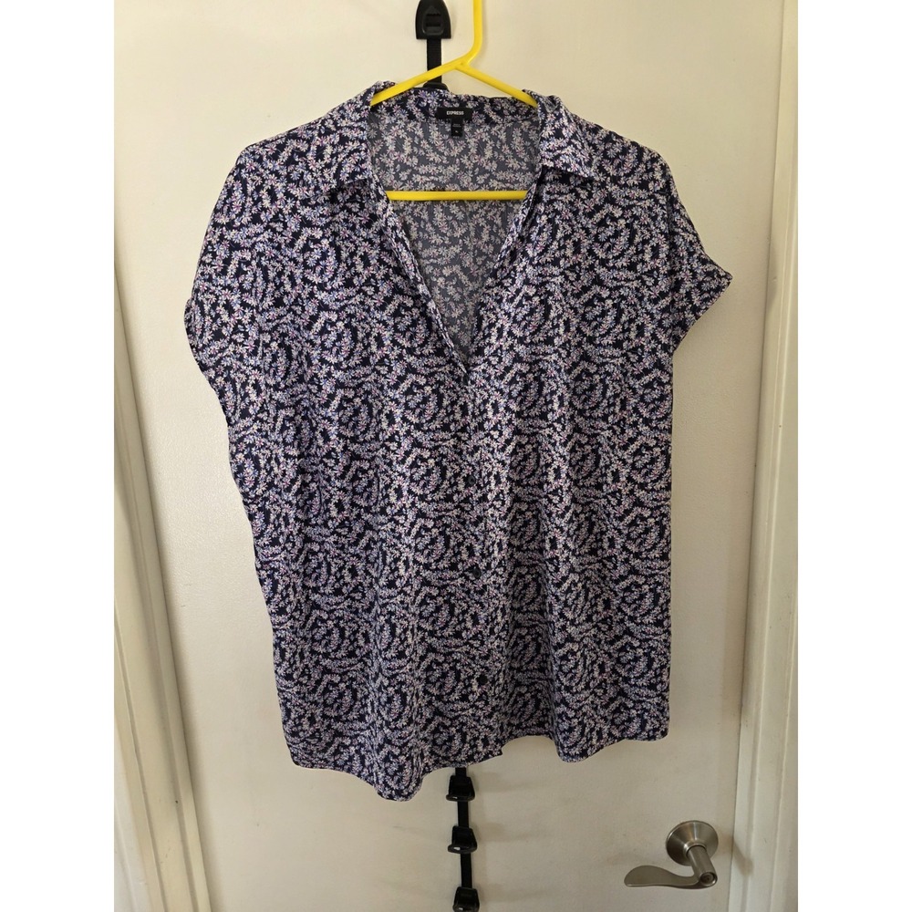 Express Women's Size XL Blue Flowered Button‎ Down Dolman Sleeve Top Boho Hippie